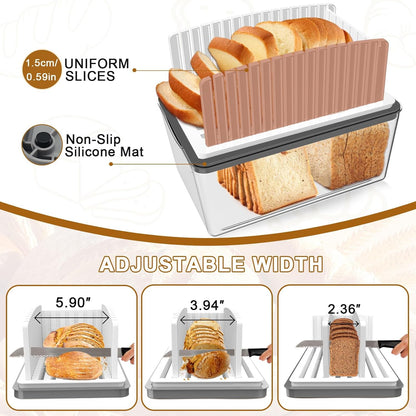 Adjustable Width Bread Slicer for Homemade Bread with Bread Box | Bread Slicing Guide Foldable and Compact Cutting Guide with Crumb Tray Suitability for Homemade Bread Bagels Cakes