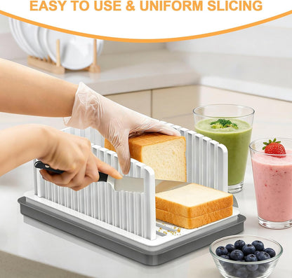 Adjustable Width Bread Slicer for Homemade Bread with Bread Box | Bread Slicing Guide Foldable and Compact Cutting Guide with Crumb Tray Suitability for Homemade Bread Bagels Cakes