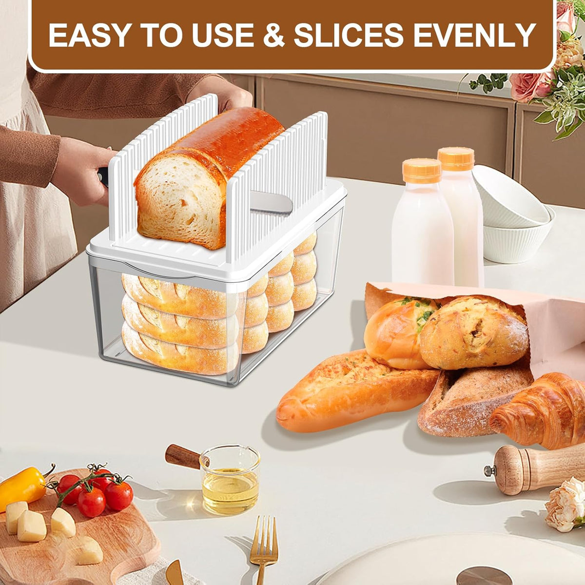 Adjustable Width Bread Slicer for Homemade Bread with Bread Box | Bread Slicing Guide Foldable and Compact Cutting Guide with Crumb Tray Suitability for Homemade Bread Bagels Cakes