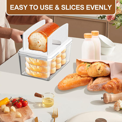 Adjustable Width Bread Slicer for Homemade Bread with Bread Box | Bread Slicing Guide Foldable and Compact Cutting Guide with Crumb Tray Suitability for Homemade Bread Bagels Cakes