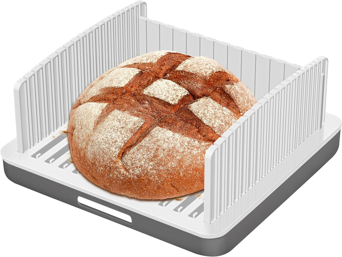 Adjustable Width Bread Slicer for Homemade Bread with Bread Box | Bread Slicing Guide Foldable and Compact Cutting Guide with Crumb Tray Suitability for Homemade Bread Bagels Cakes