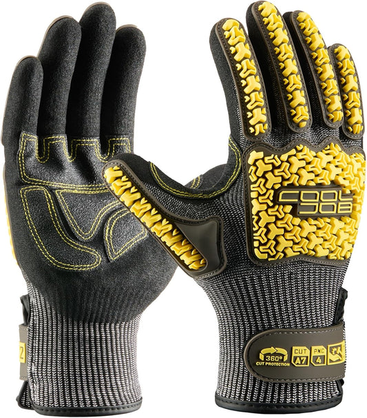 A7 Cut Resistant Work Gloves with TPR, Nitrile Coated Anti-Slip Impact Gloves, Touchscreen Heavy Duty Safety Mittens