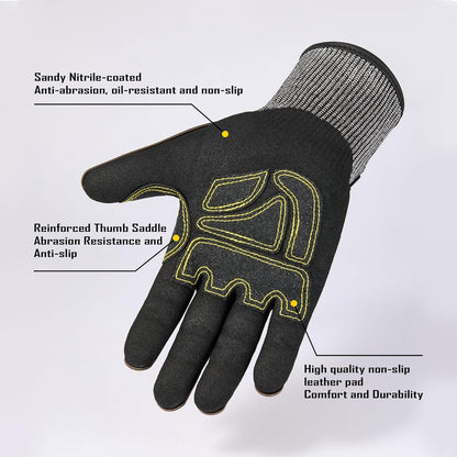 A7 Cut Resistant Work Gloves with TPR, Nitrile Coated Anti-Slip Impact Gloves, Touchscreen Heavy Duty Safety Mittens