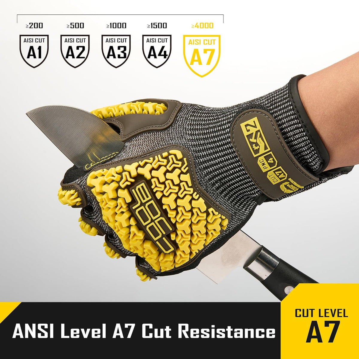 A7 Cut Resistant Work Gloves with TPR, Nitrile Coated Anti-Slip Impact Gloves, Touchscreen Heavy Duty Safety Mittens