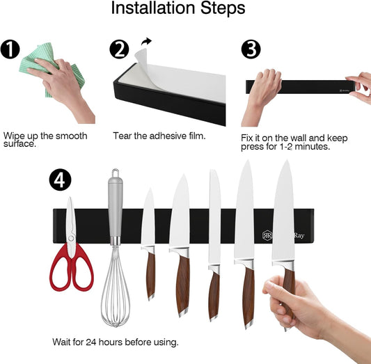 Magnetic Knife Strip No Drilling, Kitchen Knife Magnetic Holder for Wall, Kitchen Accessories Organizer Bar or Used in Organizing Tools (Stainless Steel-12 inch, Black)