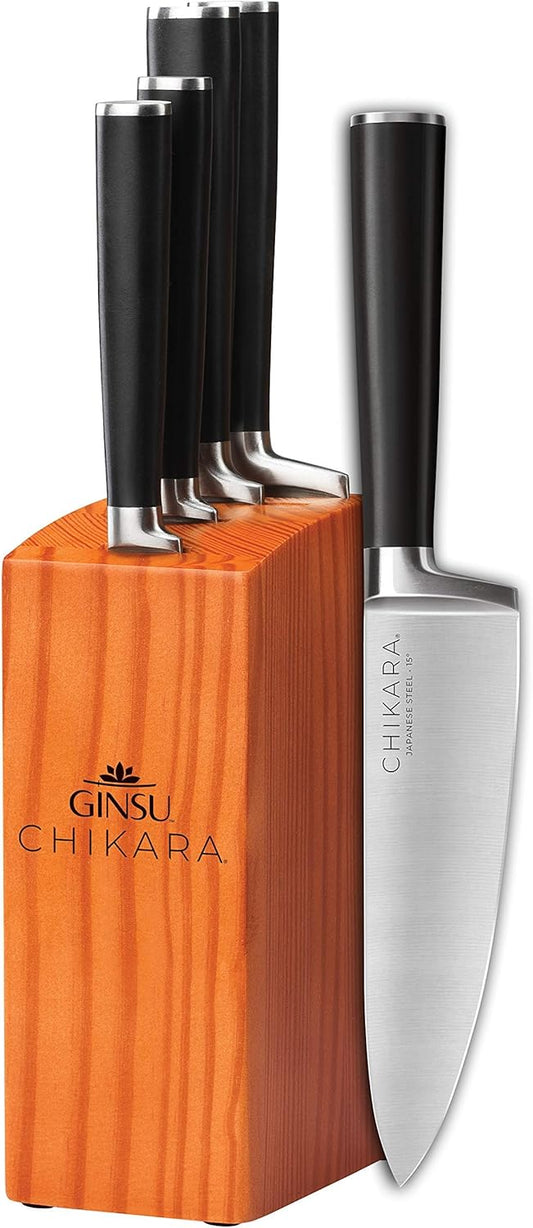Chikara Series Forged 5-Piece Japanese Knife Set, Black - Premium Cutlery Set with 420J Stainless Steel Kitchen Knives and Toffee Bamboo Block