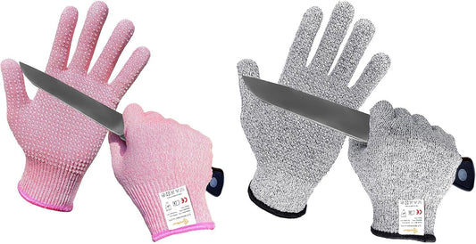 Level 5 Cut Resistant Gloves with Non-Slip Grip, 2 Pairs | HPPE Material, Food Safe, Comfortable & Breathable, Kitchen, Crafting & DIY Projects(S, Pink+Gray)
