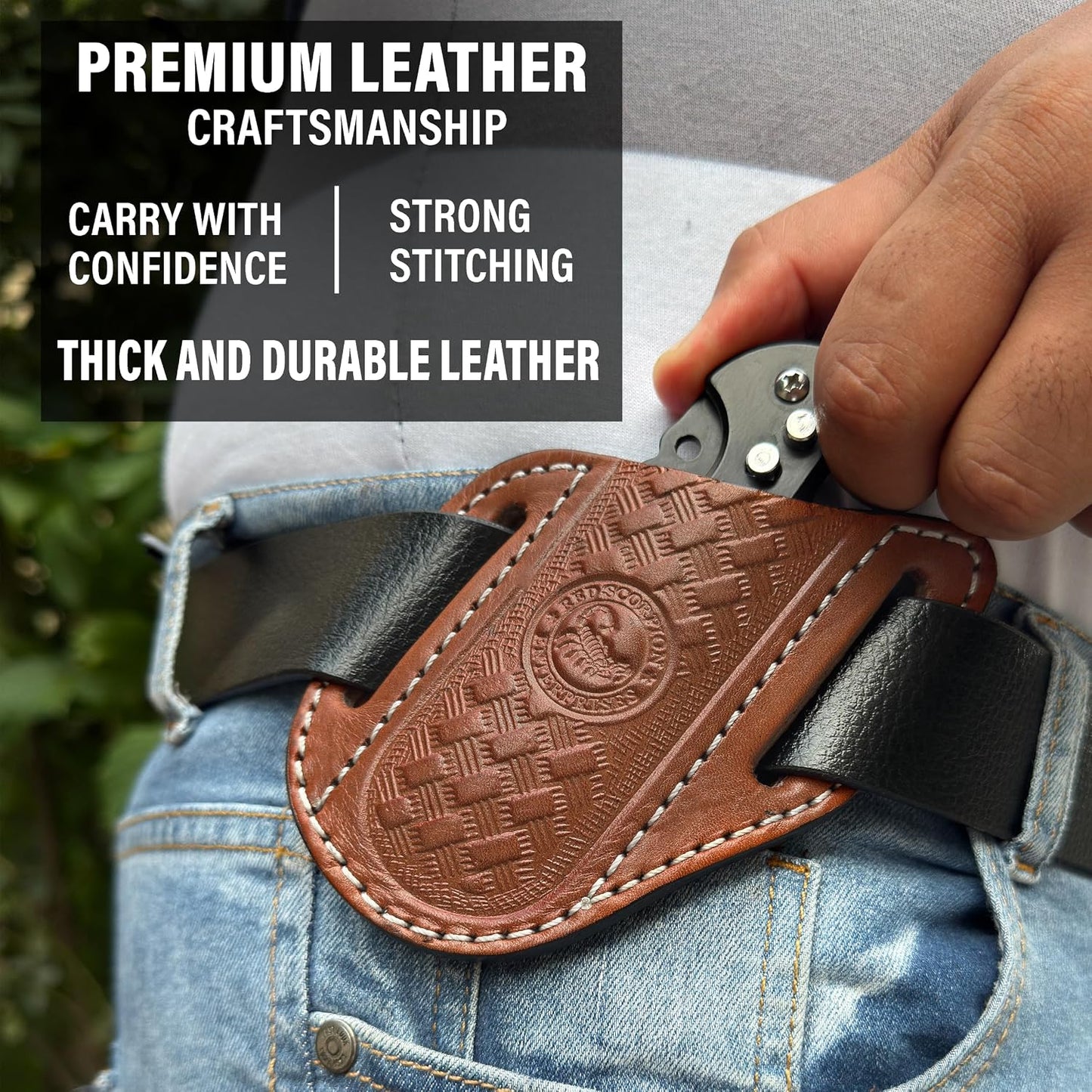 Red Scorpion Handmade Leather Knife Sheath for Belt - EDC Belt Holster for Folding Knife, Leather Sheath for Pocket Knife, Compact EDC Tools Carrier for Outdoor Activities