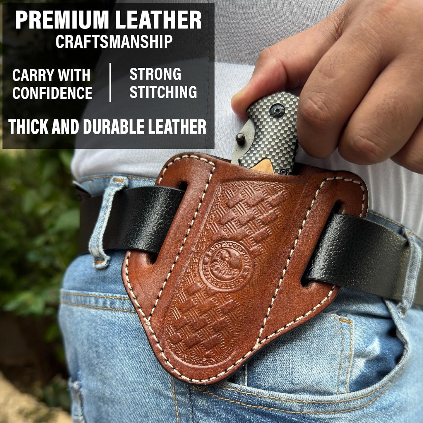 Red Scorpion Handmade Leather Knife Sheath for Belt - EDC Belt Holster for Folding Knife, Leather Sheath for Pocket Knife, Compact EDC Tools Carrier for Outdoor Activities