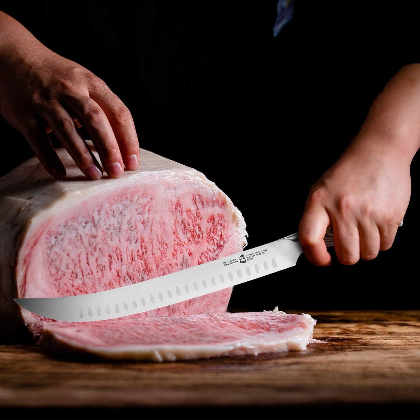 Butcher Knife - 12 Inch Breaking Butcher s Knives Curved Granton Edge Carver Slicing Knife Long Meat Veggies Cleaver - German HC Steel Comfortable Pakkawood Handle - Fiery Series Gift Box Included