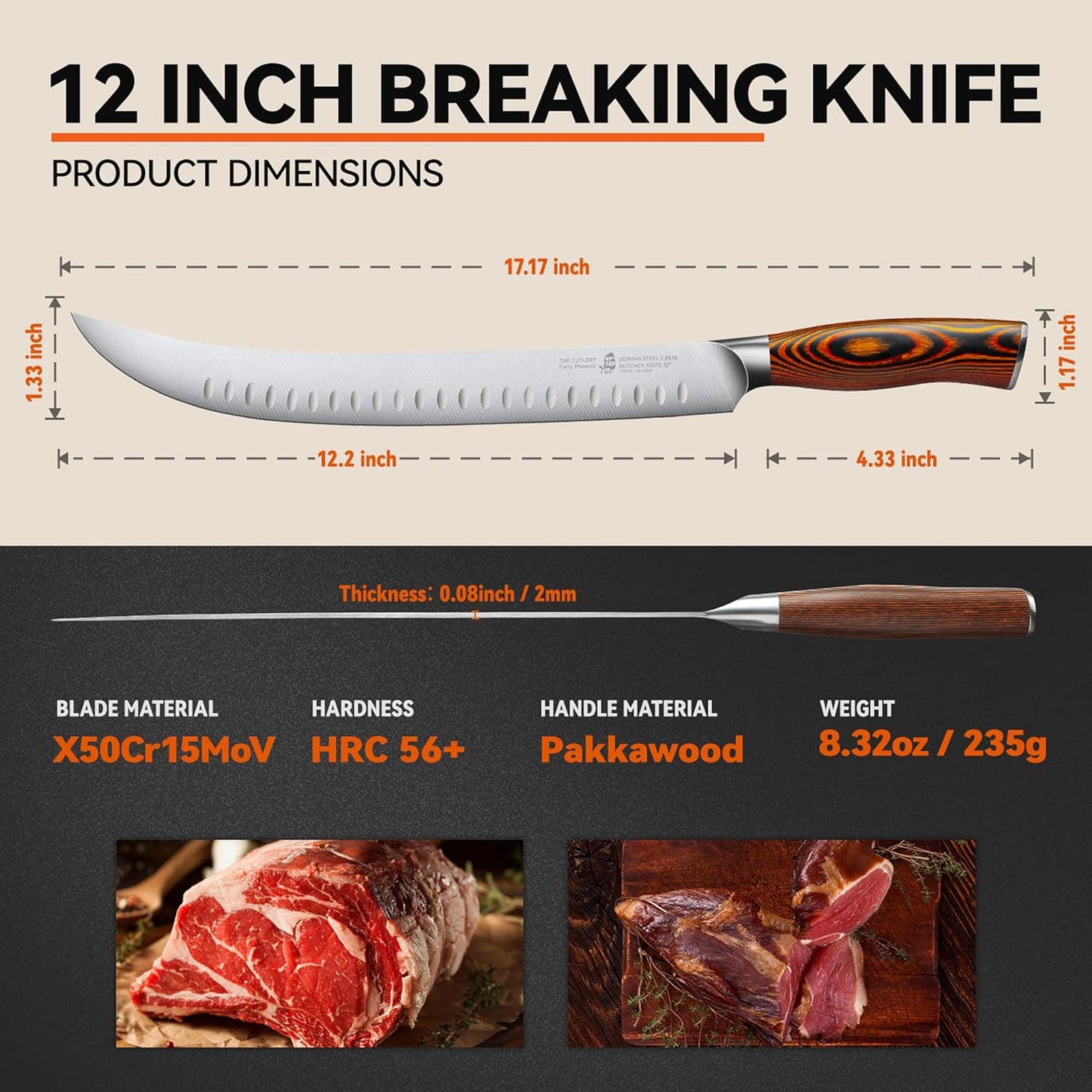 Butcher Knife - 12 Inch Breaking Butcher s Knives Curved Granton Edge Carver Slicing Knife Long Meat Veggies Cleaver - German HC Steel Comfortable Pakkawood Handle - Fiery Series Gift Box Included
