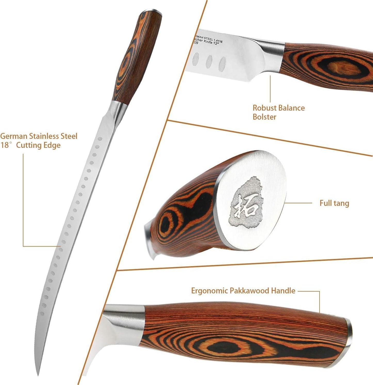 Butcher Knife - 12 Inch Breaking Butcher s Knives Curved Granton Edge Carver Slicing Knife Long Meat Veggies Cleaver - German HC Steel Comfortable Pakkawood Handle - Fiery Series Gift Box Included