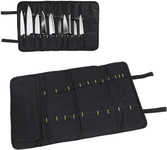 Chef Knife Bag 20 Slots Folding Portable Cutlery Knives Holders Protectors, Multifunctional Knives Holders Protectors Roll Storage Bag for Home Kitchen Travel Camping (Black)