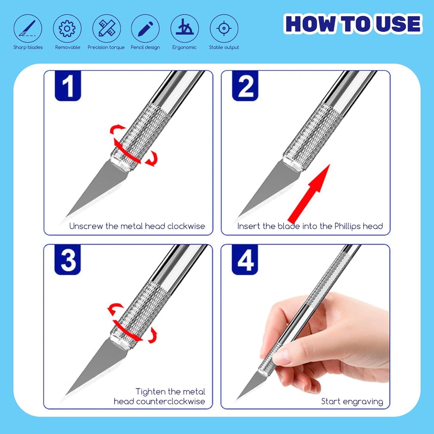 10Pcs Silver Exacto Knife Bulk Set, Stainless Steel Precision Hobby Knifes with Non-slip Handle and Protective Covers for Pumpkin Carving Scrapbooking, Model Buliding, Trimming, Cutting