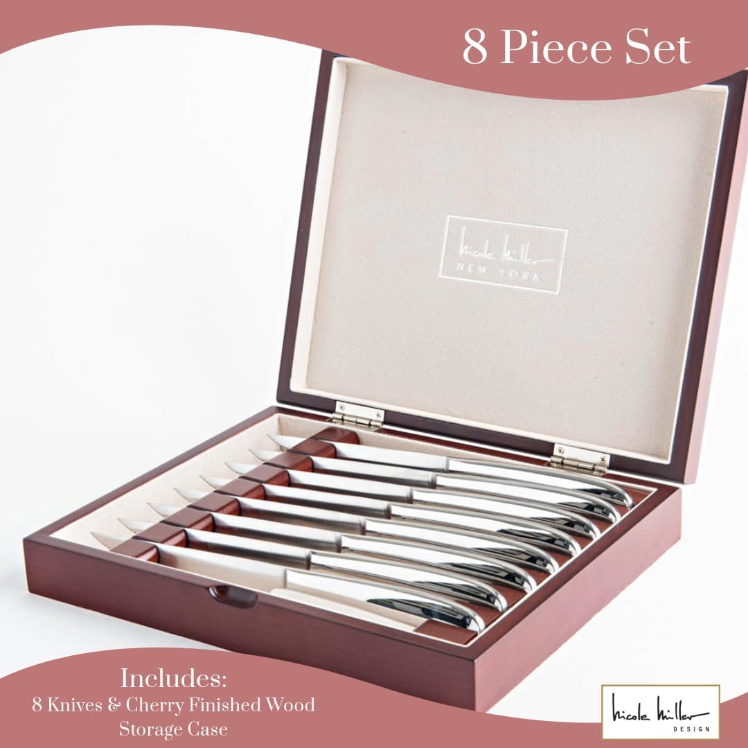 Steak Knife Set - 8-Piece Stainless Steel Steak Knife Set with Mahogany Storage Case