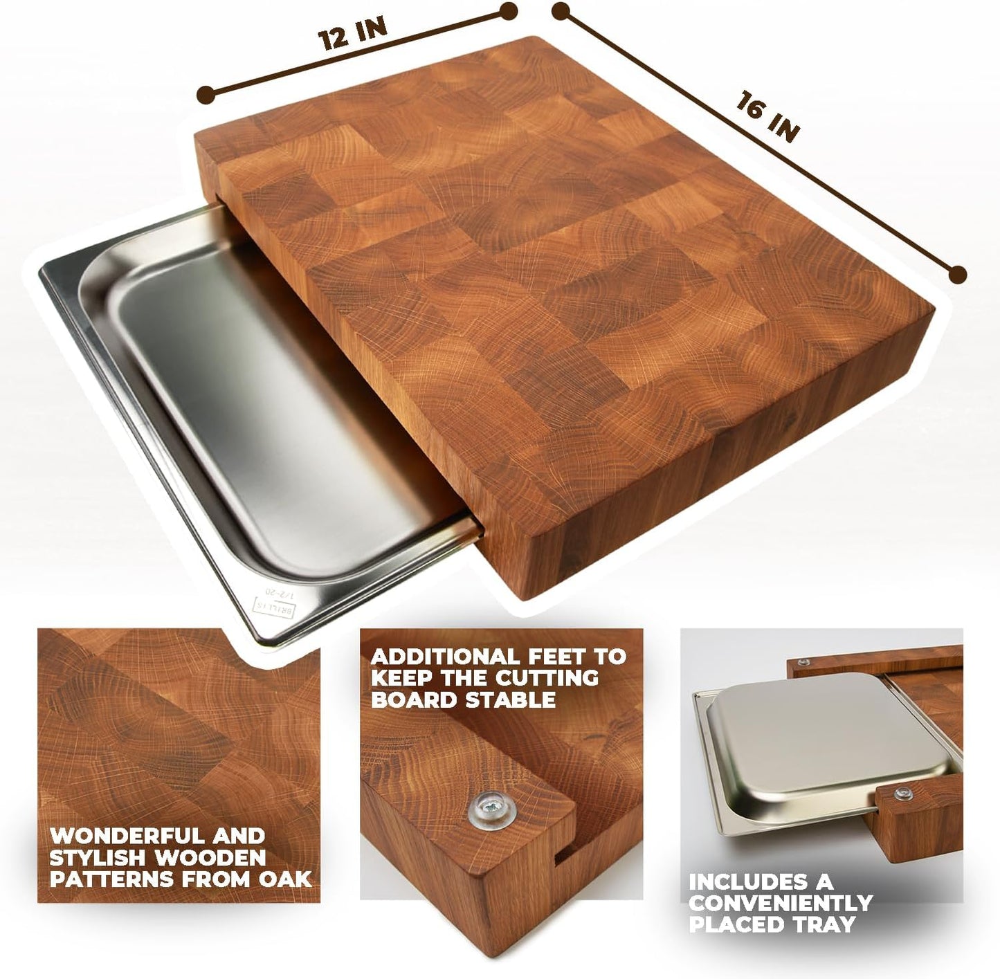 Wooden Cutting Board for Kitchen - End Grain Cutting Board [1.5 in Thick] – Premium Butcher Block Chopping Board – 16 x 12 In Oak Wood Cutting Wooden Board