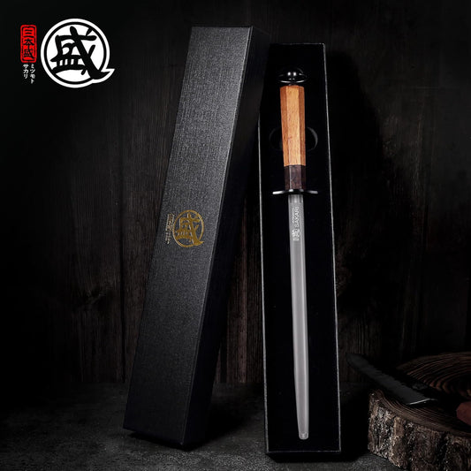 12 Inch Round Honing Steel for Knives, Rosewood Handle | Diamond-Coated Surface, 10000-Grit Fine Edge, 68 HRC, Captures Metal Shavings, Non-Slip Octagonal Grip