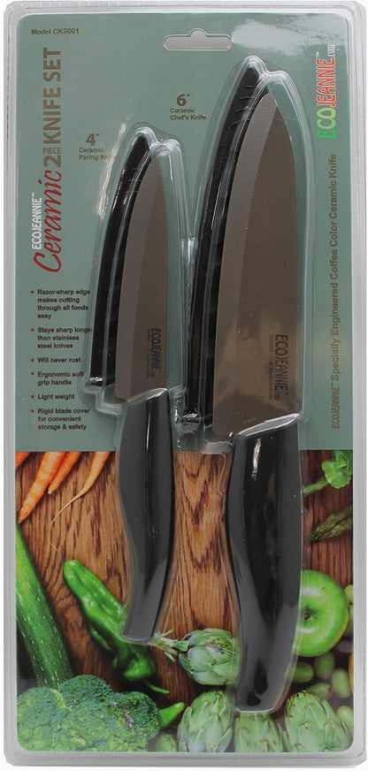 CKS001 2-Piece Set: Premium Coffee Color Ceramic Knives - 6 Inch Chef's Knife & 4 Inch Paring Knife with Protective Covers