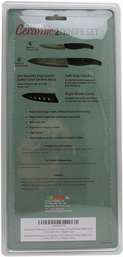 CKS001 2-Piece Set: Premium Coffee Color Ceramic Knives - 6 Inch Chef's Knife & 4 Inch Paring Knife with Protective Covers