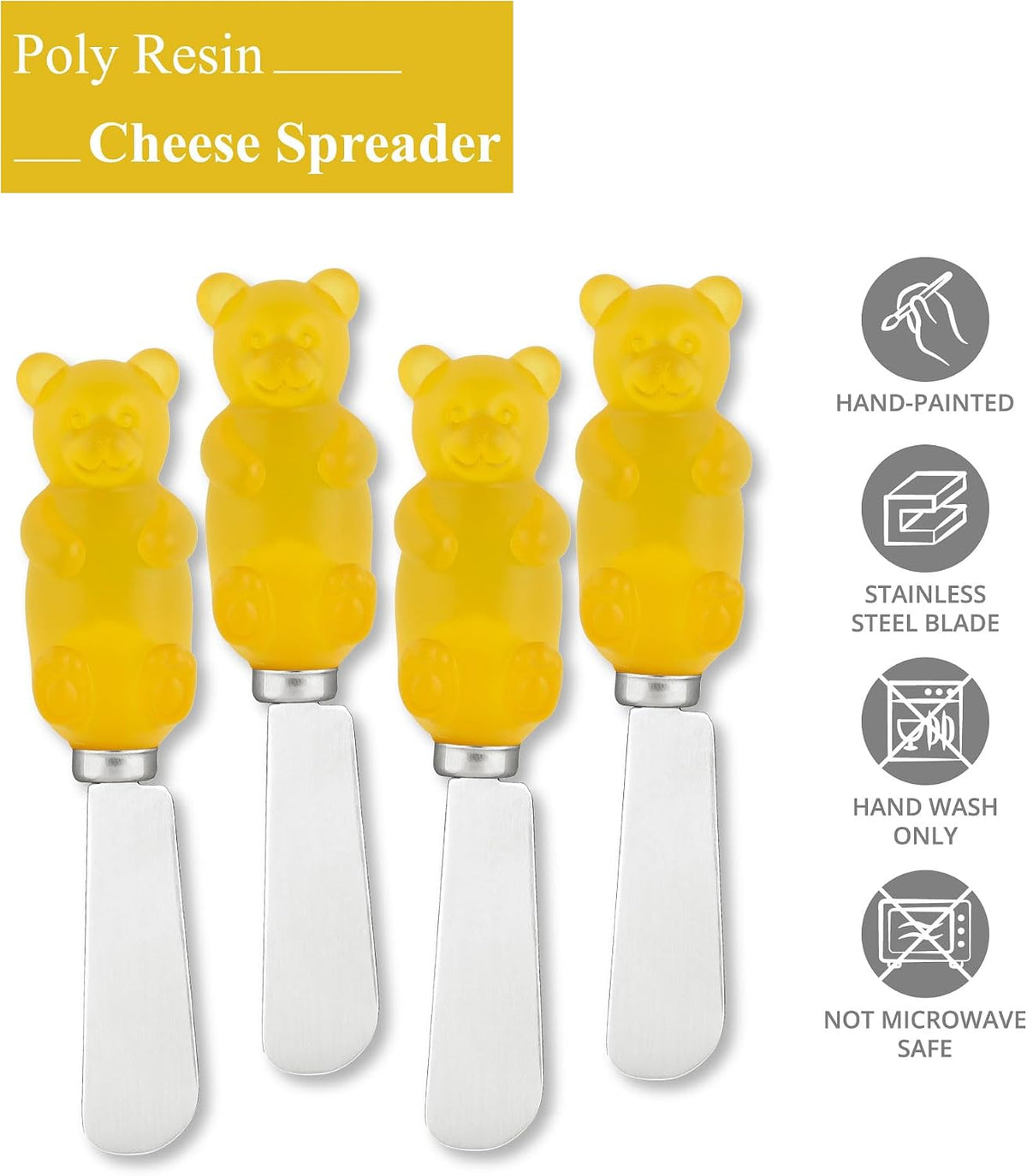 Jelly Bear Cheese Spreaders, Hand-Painted Resin Handles with Stainless Steel Blades for Spreading Cream Cheese, Butter, Jam, or Sandwich, Set of 4