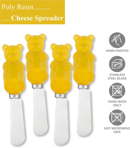 Jelly Bear Cheese Spreaders, Hand-Painted Resin Handles with Stainless Steel Blades for Spreading Cream Cheese, Butter, Jam, or Sandwich, Set of 4