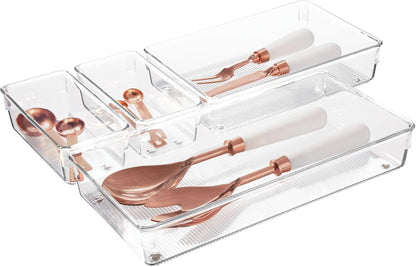 Utensil Holder & Silverware Organizer, Set of 2 | 4" x 12" x 3", Clear, Kitchen Utensils Storage, Countertop Storage