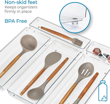 Utensil Holder & Silverware Organizer, Set of 2 | 4" x 12" x 3", Clear, Kitchen Utensils Storage, Countertop Storage