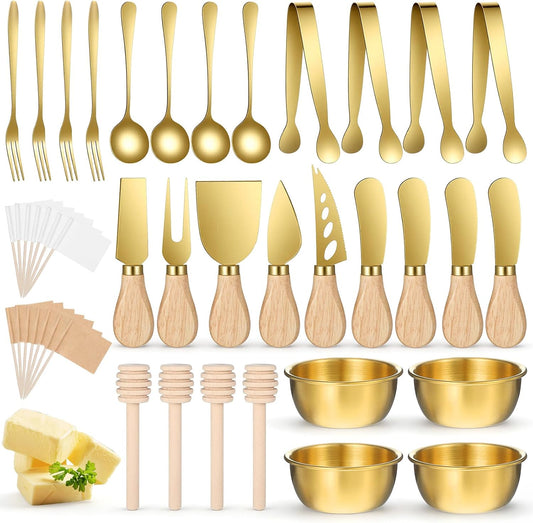 73Pcs Charcuterie Boards Accessories Gold Charcuterie Utensils Set, Cheese Butter Spreader Knife Set Small Serving Tongs Spoons Forks and Dipping Bowls Honey Dippers Toothpick Flags for Wedding Party