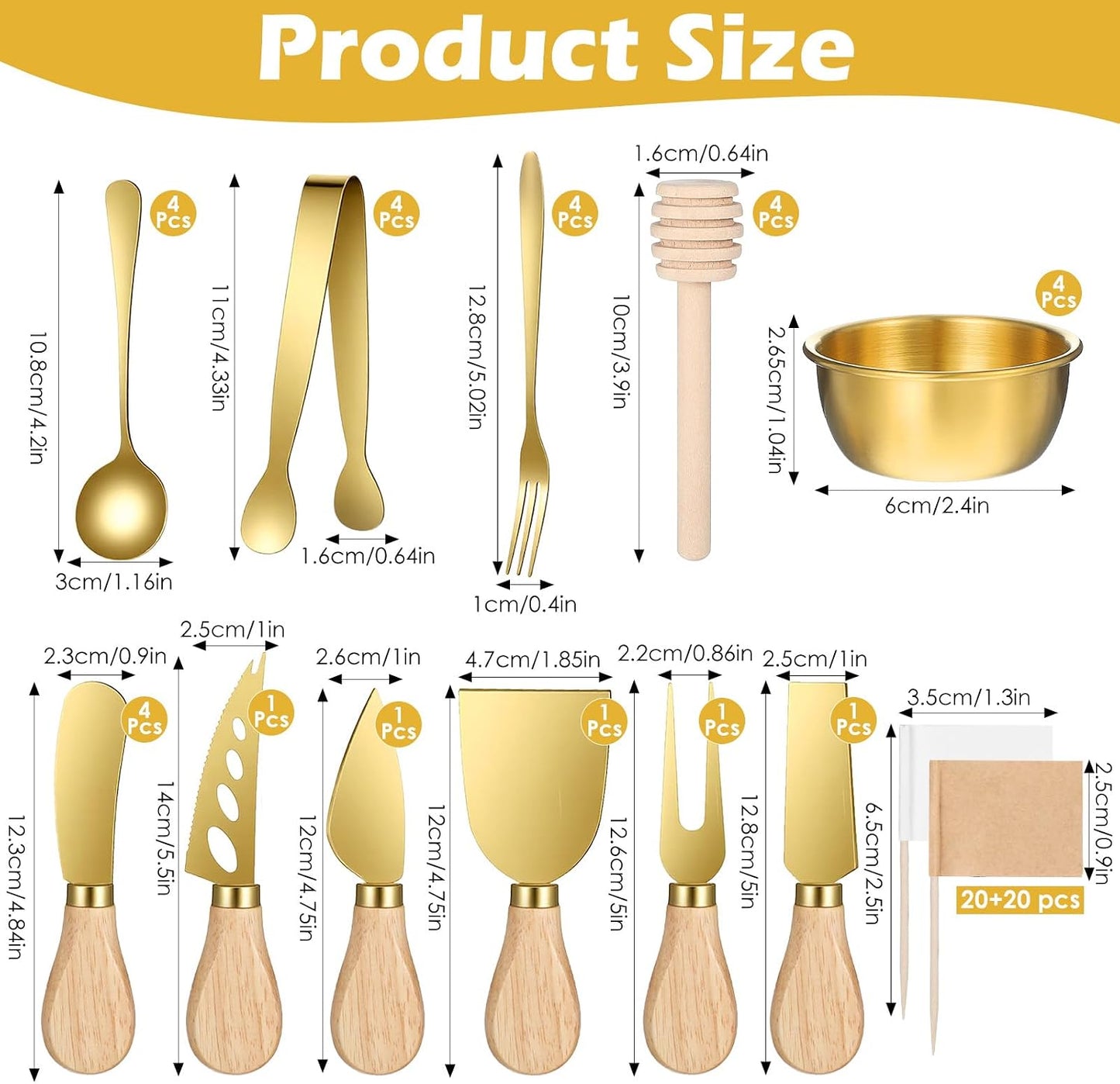 73Pcs Charcuterie Boards Accessories Gold Charcuterie Utensils Set, Cheese Butter Spreader Knife Set Small Serving Tongs Spoons Forks and Dipping Bowls Honey Dippers Toothpick Flags for Wedding Party
