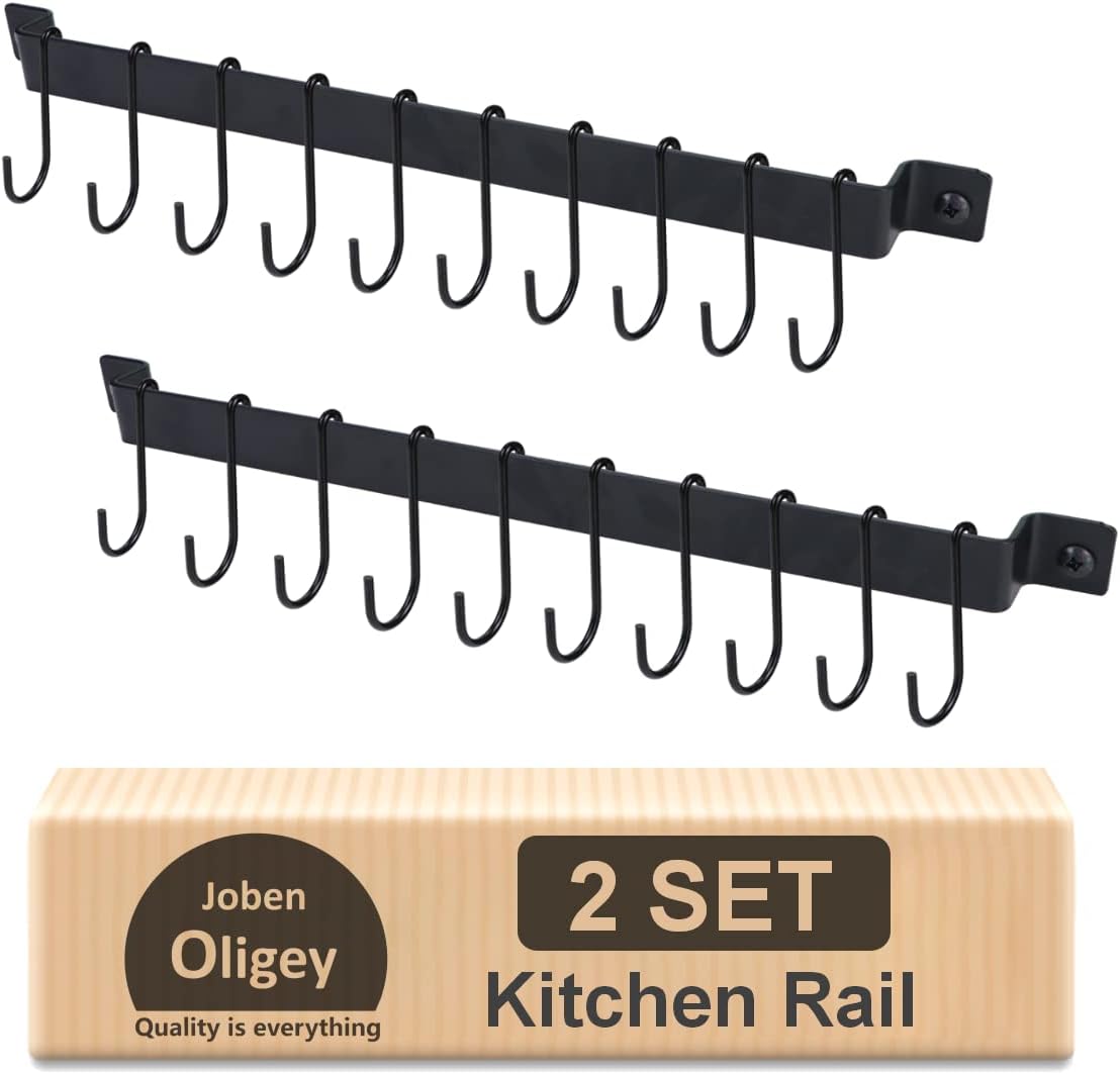 Utensil Holder, Kitchen Rail With 10 Hooks, Pots and Pans Organizer Hanger, Wall Mounted Wrought Iron Hanging Black 17 Inch for Coffee Mug Rack Cup Hanging, Set of 2