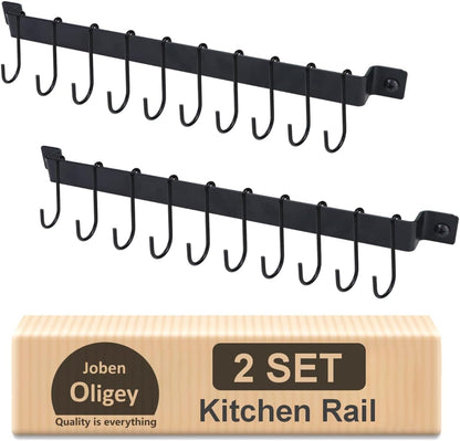 Utensil Holder, Kitchen Rail With 10 Hooks, Pots and Pans Organizer Hanger, Wall Mounted Wrought Iron Hanging Black 17 Inch for Coffee Mug Rack Cup Hanging, Set of 2
