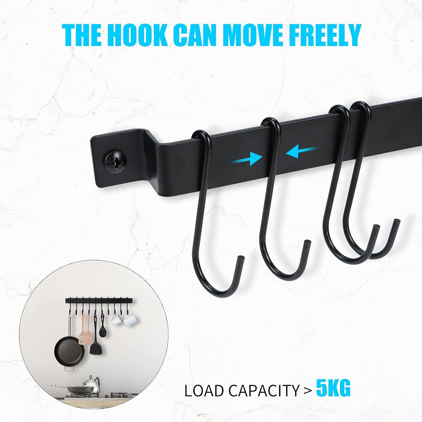 Utensil Holder, Kitchen Rail With 10 Hooks, Pots and Pans Organizer Hanger, Wall Mounted Wrought Iron Hanging Black 17 Inch for Coffee Mug Rack Cup Hanging, Set of 2