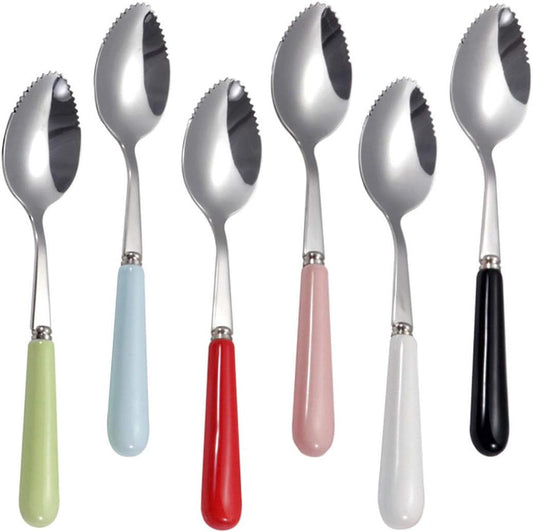 Set of 6 Grapefruit Spoons with Round Serrated Edges, Stainless Steel Serrated Spoon with Multicolor Ceramic Handle, Kiwi Apple Citrus Fruit, Dessert Spoon Sets (Silver)
