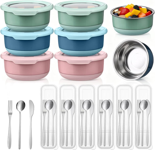36 Pack 7.5oz Stainless Steel Snack Containers Reusable Dressing Containers with Lids Lunch Box Chopsticks Knife Fork Spoon Flatware Set with Case for Meal Food Storage Picnic Travel