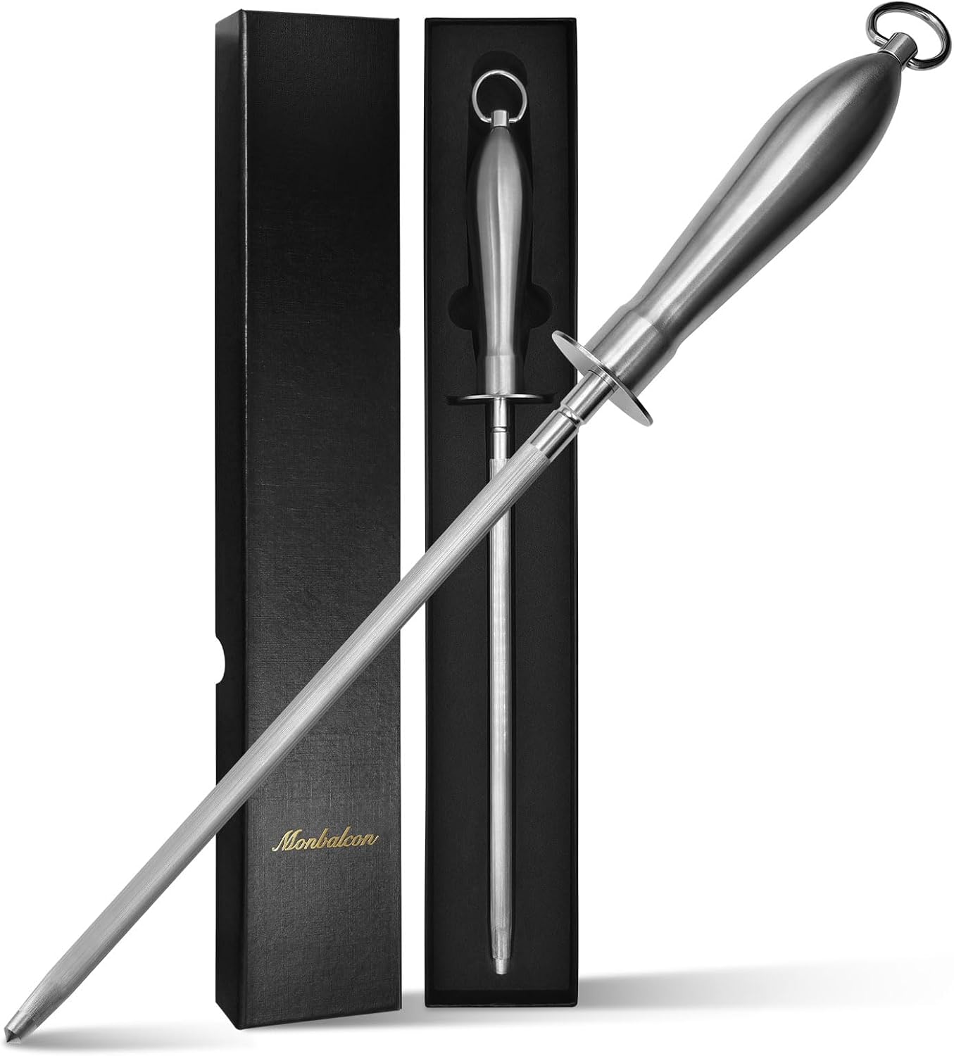 Honing Rod 10'', German High Carbon Steel Knife Sharpener Rod with Premium Gift Box, Professional Fine Sharpening Stone Kitchen Knife Whetstone with Stainless Steel Handle, 10 inch