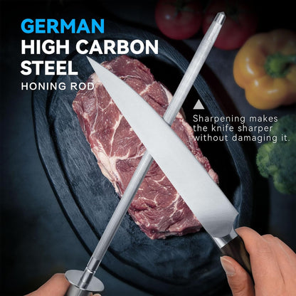 Honing Rod 10'', German High Carbon Steel Knife Sharpener Rod with Premium Gift Box, Professional Fine Sharpening Stone Kitchen Knife Whetstone with Stainless Steel Handle, 10 inch