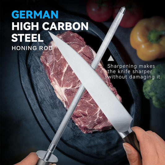 Honing Rod 10'', German High Carbon Steel Knife Sharpener Rod with Premium Gift Box, Professional Fine Sharpening Stone Kitchen Knife Whetstone with Stainless Steel Handle, 10 inch