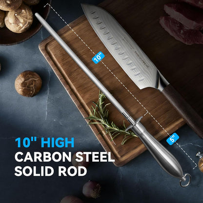 Honing Rod 10'', German High Carbon Steel Knife Sharpener Rod with Premium Gift Box, Professional Fine Sharpening Stone Kitchen Knife Whetstone with Stainless Steel Handle, 10 inch