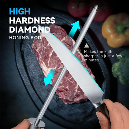 Honing Rod 10'', German High Carbon Steel Knife Sharpener Rod with Premium Gift Box, Professional Fine Sharpening Stone Kitchen Knife Whetstone with Stainless Steel Handle, 10 inch