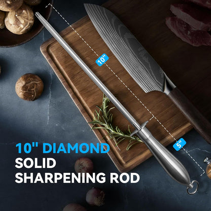 Honing Rod 10'', German High Carbon Steel Knife Sharpener Rod with Premium Gift Box, Professional Fine Sharpening Stone Kitchen Knife Whetstone with Stainless Steel Handle, 10 inch