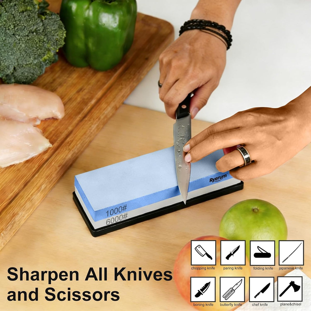 Knife Sharpening Stone Whetstone 1000 Grit Knife Sharpener Enough for Daily Sharpening Stone With 2 Non-Slip Rubber Bases,Safety and Easy to Use For Beginners