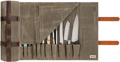 Waxed Canvas Knife Roll — 14-Pocket Professional Chef Knife Case, Waterproof, Genuine Leather Straps, Kitchen & Travel Knife Storage Bag