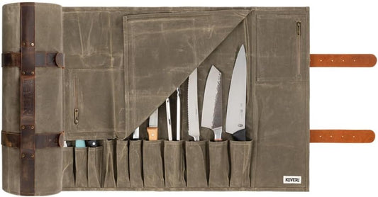 Waxed Canvas Knife Roll — 14-Pocket Professional Chef Knife Case, Waterproof, Genuine Leather Straps, Kitchen & Travel Knife Storage Bag