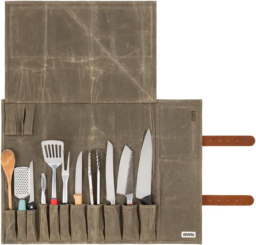 Waxed Canvas Knife Roll — 14-Pocket Professional Chef Knife Case, Waterproof, Genuine Leather Straps, Kitchen & Travel Knife Storage Bag