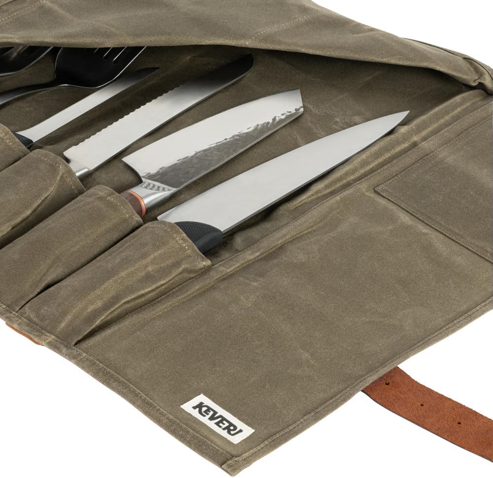 Waxed Canvas Knife Roll — 14-Pocket Professional Chef Knife Case, Waterproof, Genuine Leather Straps, Kitchen & Travel Knife Storage Bag