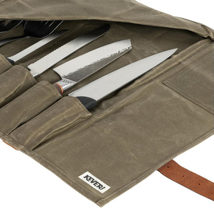 Waxed Canvas Knife Roll — 14-Pocket Professional Chef Knife Case, Waterproof, Genuine Leather Straps, Kitchen & Travel Knife Storage Bag