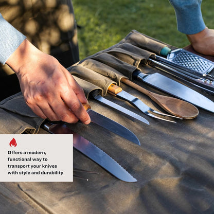 Waxed Canvas Knife Roll — 14-Pocket Professional Chef Knife Case, Waterproof, Genuine Leather Straps, Kitchen & Travel Knife Storage Bag