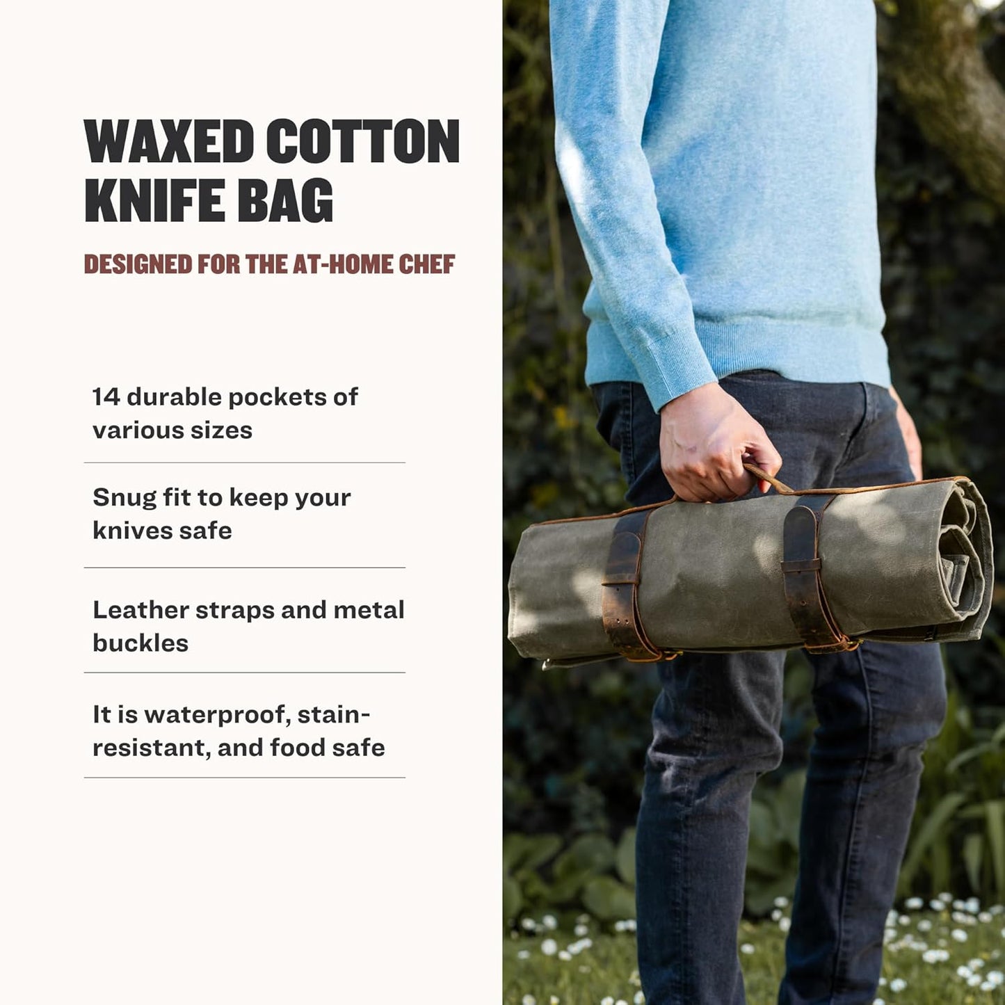 Waxed Canvas Knife Roll — 14-Pocket Professional Chef Knife Case, Waterproof, Genuine Leather Straps, Kitchen & Travel Knife Storage Bag