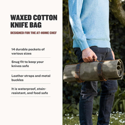 Waxed Canvas Knife Roll — 14-Pocket Professional Chef Knife Case, Waterproof, Genuine Leather Straps, Kitchen & Travel Knife Storage Bag