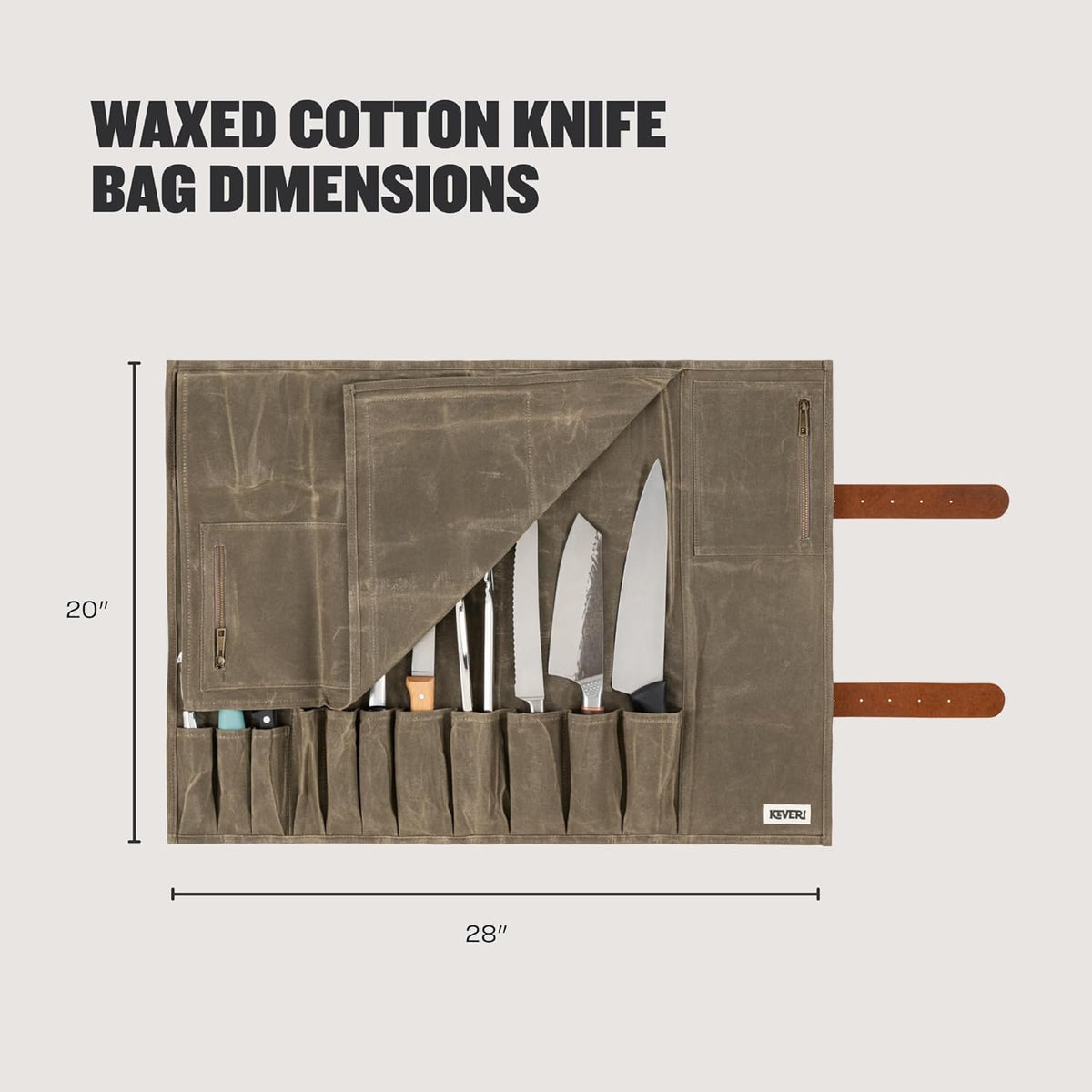 Waxed Canvas Knife Roll — 14-Pocket Professional Chef Knife Case, Waterproof, Genuine Leather Straps, Kitchen & Travel Knife Storage Bag